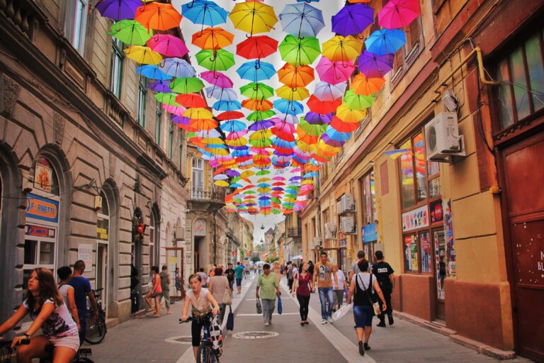 Colourful umbrellas in European country